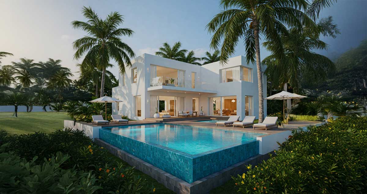 וילה פרטית של שתי קומות ובחצר בריכת שחייה גדולה ובשני הצדדים רחבות עם מיטות שיזוף ושמשיות. עצי דקל וצמחים בחצר ומשטח דשא.