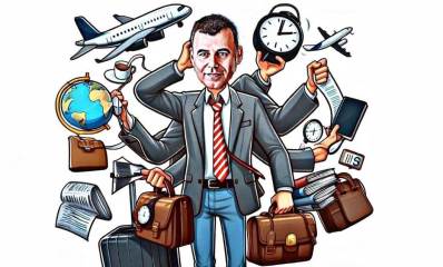 איור AI של רפי סער, עם תוספת של שש זרועות, ובכל יד הוא אוחז תיק, טלפון, גלובוס, ולצידו ציור של אווירון.