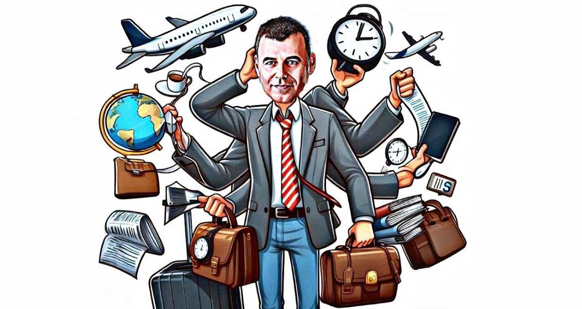 איור AI של רפי סער, עם תוספת של שש זרועות, ובכל יד הוא אוחז תיק, טלפון, גלובוס, ולצידו ציור של אווירון.