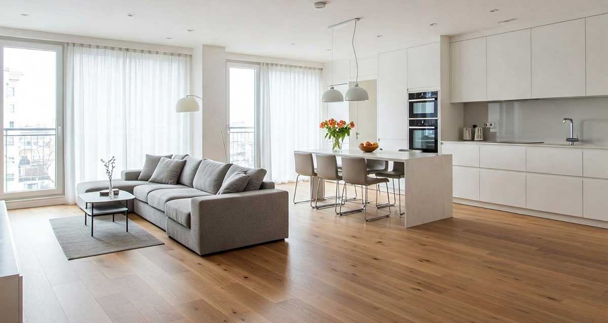 חדר מגורים ומטבח בדירת יוקרה. יחידה גדולה הכוללת בצד שמאל את הסלון עם כורסה, שולחן ומזנון. בצד ימין המטבח, וביניהם שולחן אוכל וכסאות לשישה אנשים.