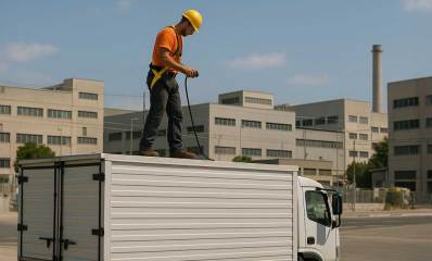 איור של פועל עומד על משאית ואוחז כבל בידו. ברקע בניינים.