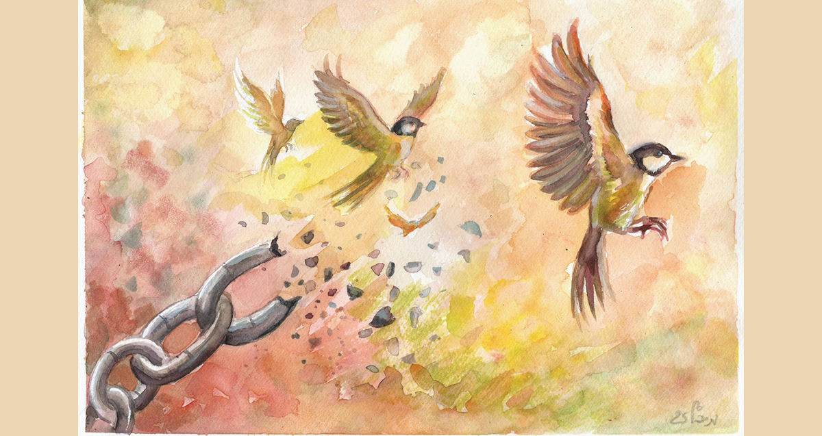 ציור אקוורל של ציפורי חופש ושרשרת