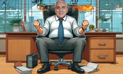 על אפו ועל חמתו של חיים ברוידא. איור בינה מלאכותית. חיים ברוידא יושב במשרדו על כיסא מנהלים עם ידיים קפוצות, ואש יוצאת מאוזניו.