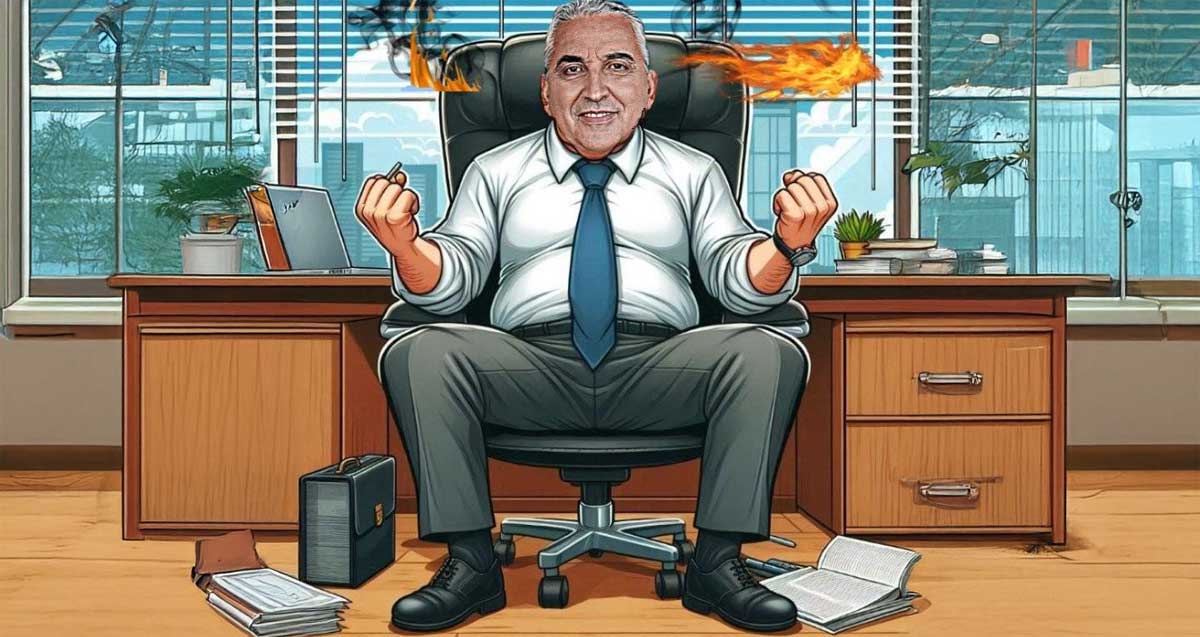 על אפו ועל חמתו של חיים ברוידא. איור בינה מלאכותית. חיים ברוידא יושב במשרדו על כיסא מנהלים עם ידיים קפוצות, ואש יוצאת מאוזניו.