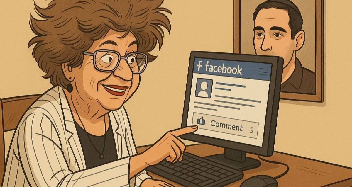 גאולה עמיר ותמונת בנה הרוצח מאחור. איור AI - מערכת