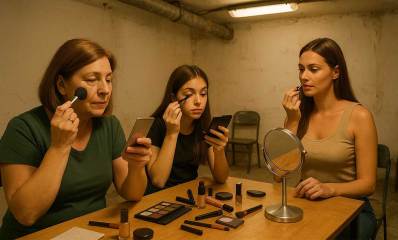 איפור במקלט, שלוש נשים, שלושה דורות, יושבות ליד שולחן במקלט ומתאפרות. על השולחן חומרים לאיפור, ומראה עגולה. במקלט כיסאות לאורך הקיר.