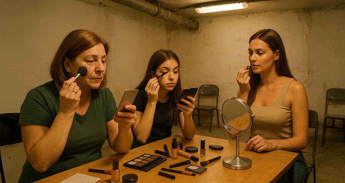 איפור במקלט, שלוש נשים, שלושה דורות, יושבות ליד שולחן במקלט ומתאפרות. על השולחן חומרים לאיפור, ומראה עגולה. במקלט כיסאות לאורך הקיר.