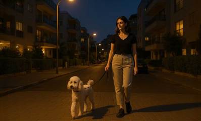 איור של אישה מטיילת עם כלב ברחוב.