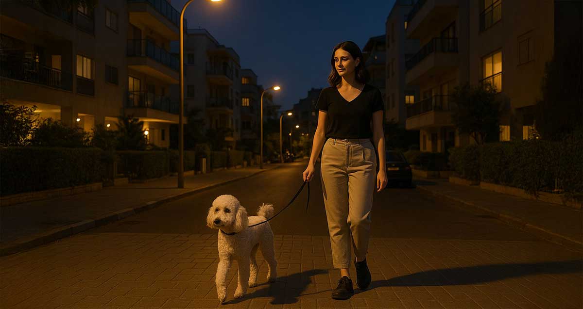 איור של אישה מטיילת עם כלב ברחוב.