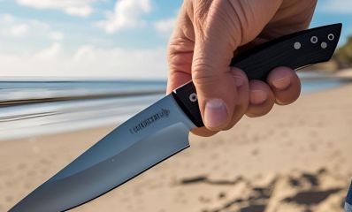 יד של גבר אוחזת בסכין חד על רקע חוף הים, צילום אילוסטרציה AI