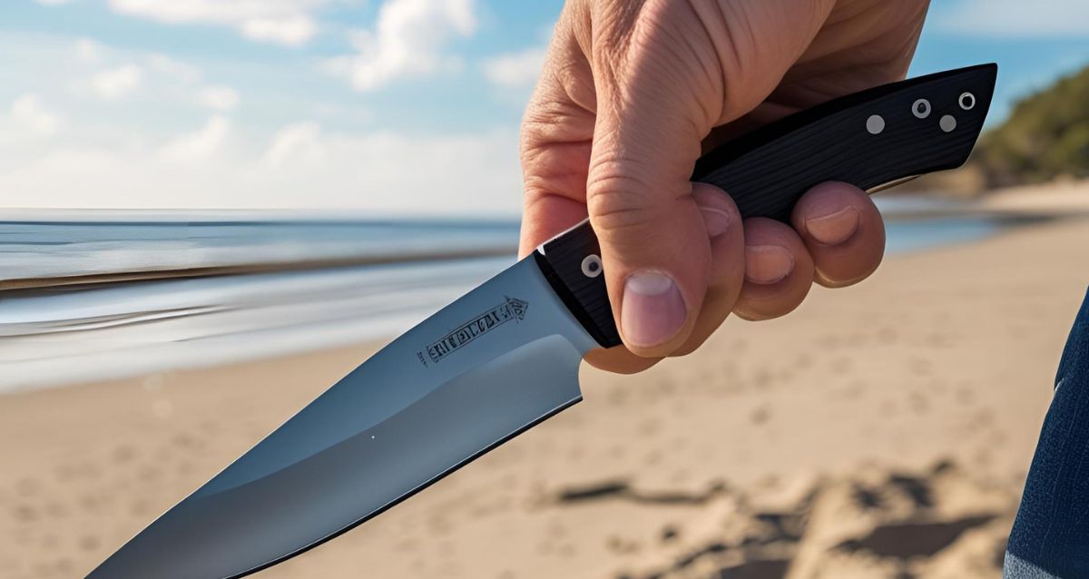 יד של גבר אוחזת בסכין חד על רקע חוף הים, צילום אילוסטרציה AI