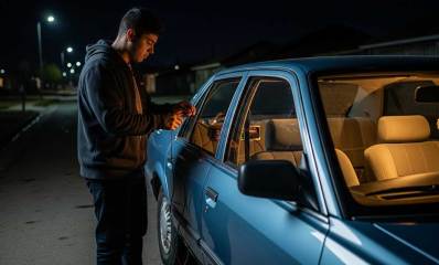 איור של גניבת רכב. הגנב עומד ליד הרכב וחלון פתוח עם חוטי חשמל וציוד אלקטרוני.