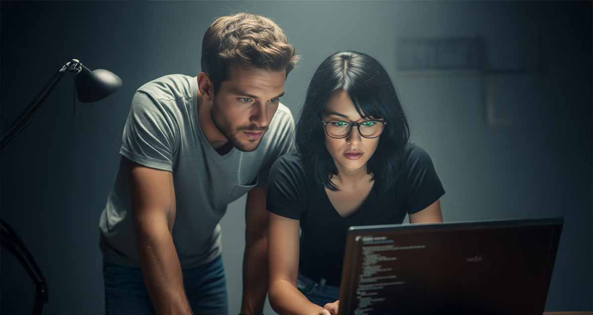 בחורה מקלידה על מחשב, הבחור מתבונן בה