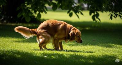 איור של כלב עושה את צרכיו בגינה.