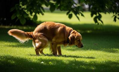 איור של כלב עושה את צרכיו בגינה.