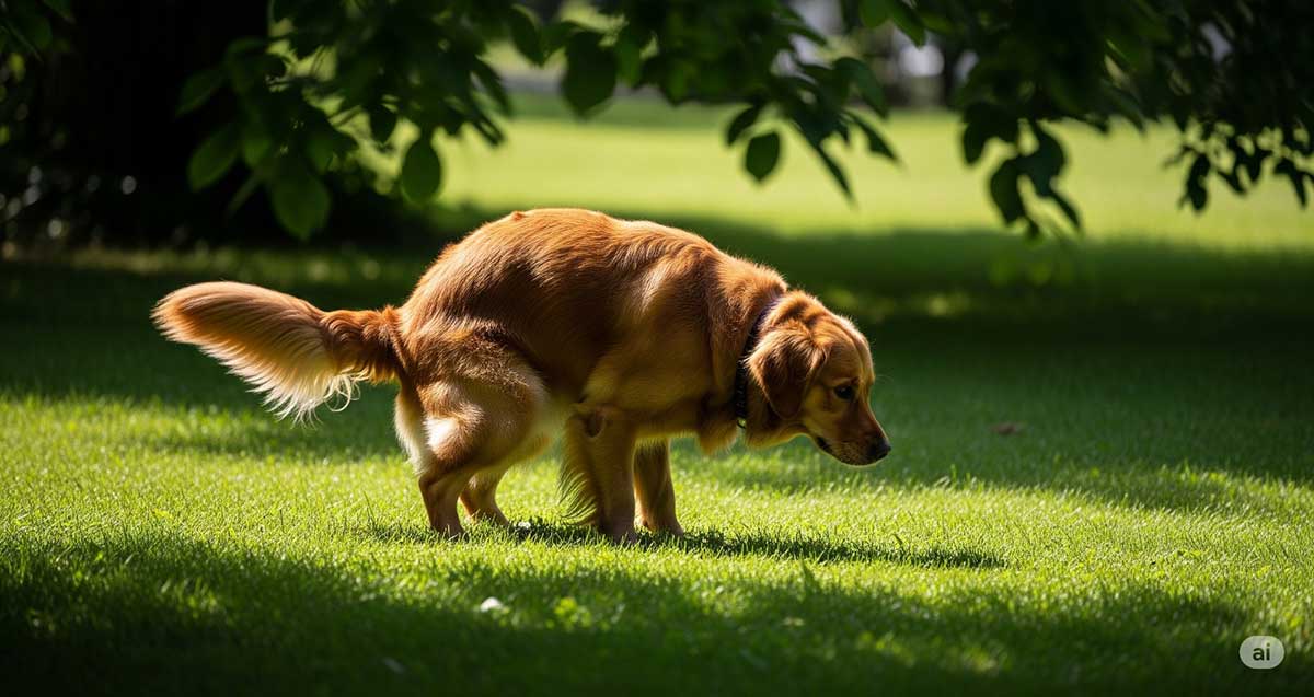 איור של כלב עושה את צרכיו בגינה.
