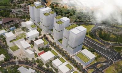 הדמיה של פרויקט מתחם אלקו ברמת השרון. שורה של ארבעה זוגות של בניינים גבוהים, ולפניהם שורת בניינים קטנים.