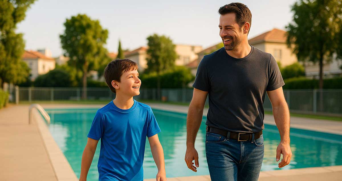 איור של אב ובן בבריכה עירונית