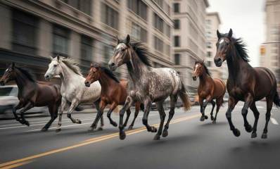 סוסים דוהרים ברחוב עירוני. הדמיית בינה מלאכותית: שרון אונליין