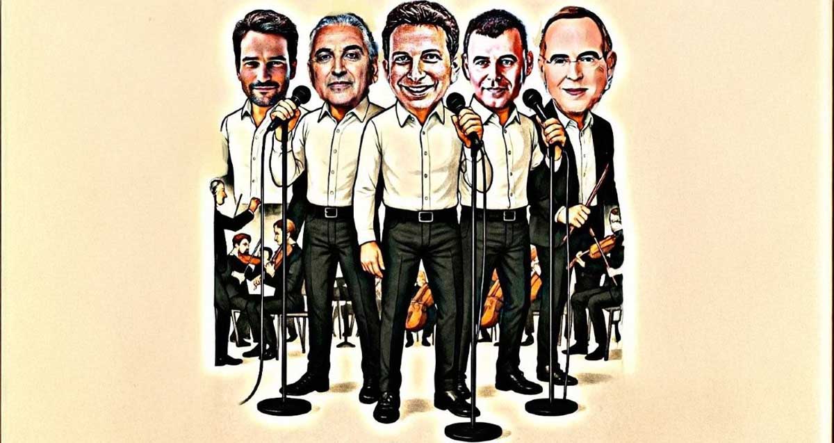 מימין: איציק רוכברגר, רפי סער, יריב פישר, חיים ברוידא ואמיר כוכבי, עומדים עם מיקרופונים כמו להקה. מאחוריהם תזמורת. איור בינה מלאכותית