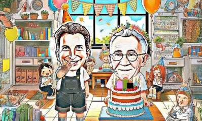 איור של משה פדלון ויריב פישר בגן ילדים. לפני משה על שולחן עוגת יום הולדת.