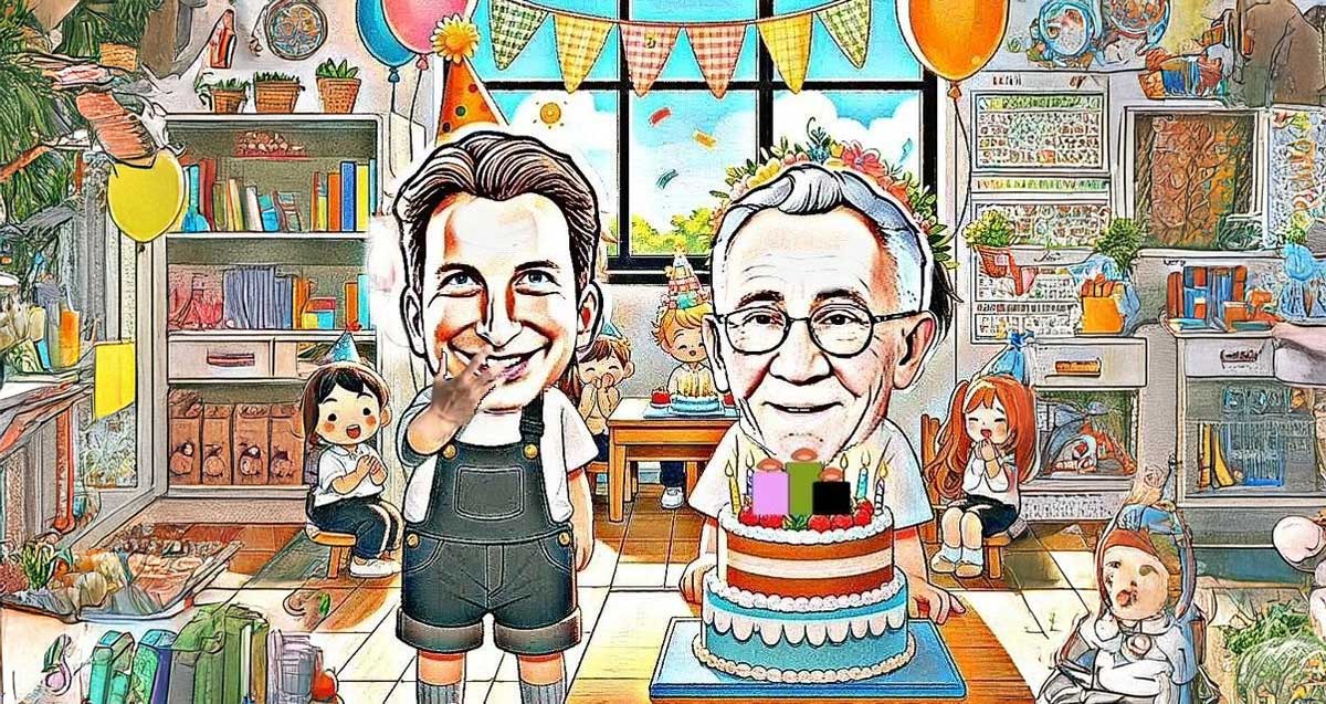 איור של משה פדלון ויריב פישר בגן ילדים. לפני משה על שולחן עוגת יום הולדת.