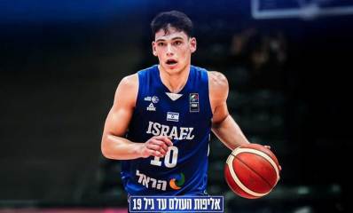 עומר מאייר, כוכב נבחרת ישראל, עם כדורסל ביד וחולצה כחולה עם דגל המדינה, מספר 10, כיתוב באנגלית: ISRAEL, ובעברית: הראל, אליפות העולם עד גיל 19