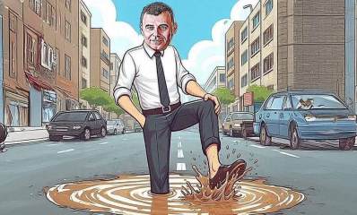 רפי סער בשלולית מים עם בוץ במרכז כביש, סביבו רכבים חונים ובניינים - איור בינה מלאכותית