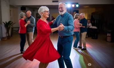 אזרחים ותיקים רוקדים. שלושה זוגות רוקדים ברחבה.