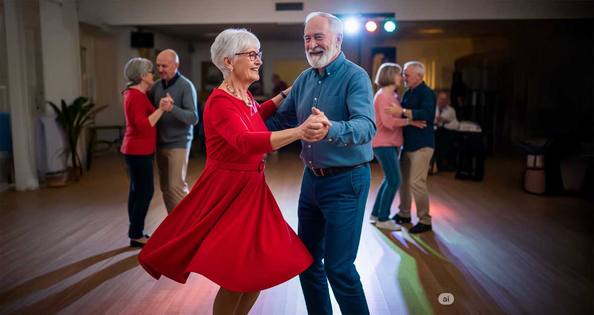 אזרחים ותיקים רוקדים. שלושה זוגות רוקדים ברחבה.