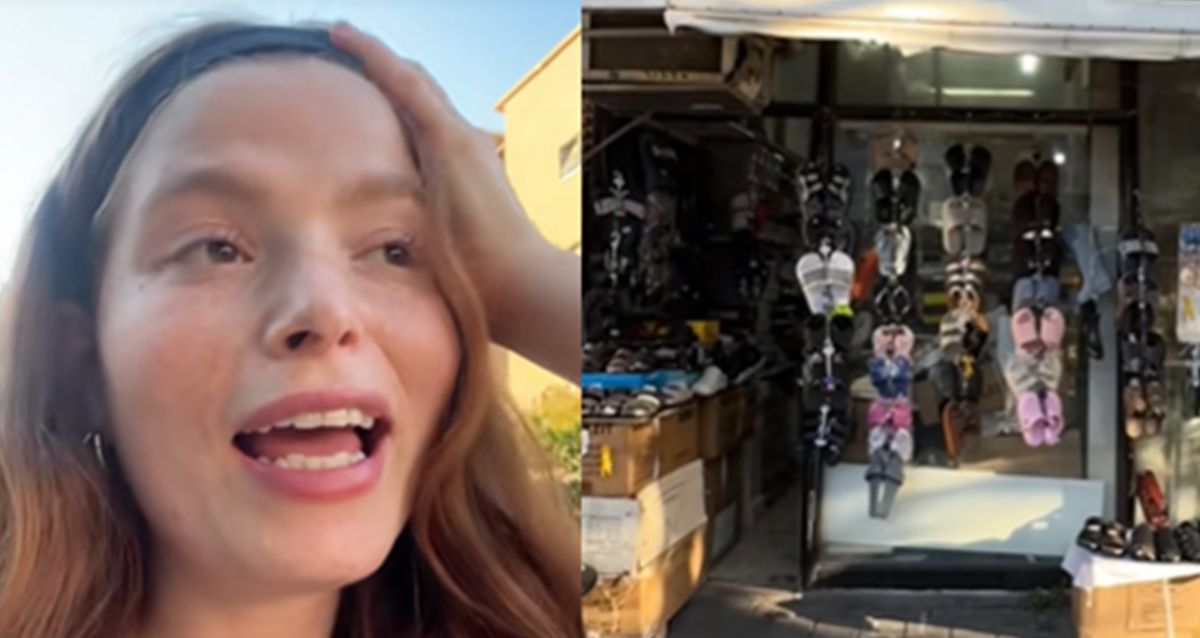 חנות נעליים בסוקולוב הרצליה ולצידה מעיין אורון, צילום מסך מטיקטוק @maayan_oron