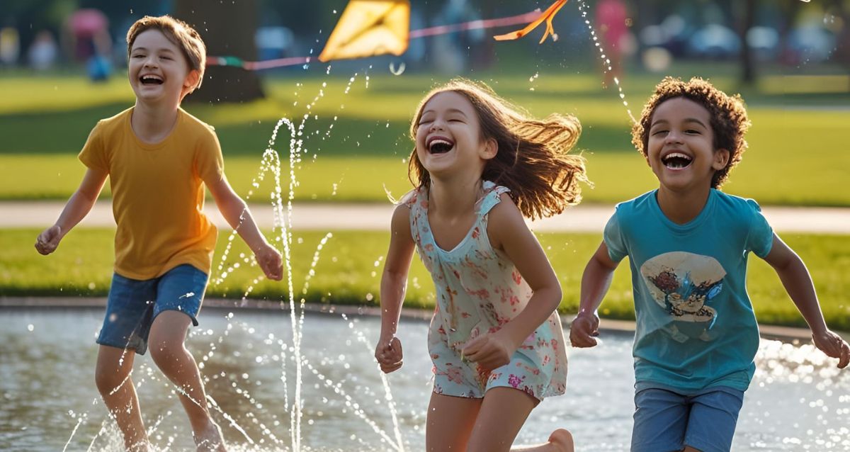 3 ילדים מחייכים מבלים בגינה עם משחקי מים. צילום אילוסטרציה AI