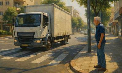 משאית והולך רגל ברחוב עירוני. איור בינה מלאכותית: שרון אונליין