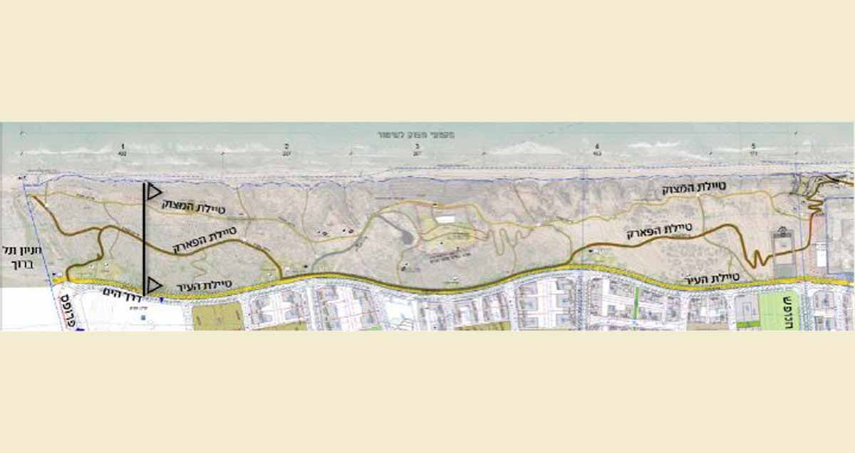 מפה של פארק החוף המתוכנן. טיילת הפארק, טיילת המתוק וטילת העיר ליד הים