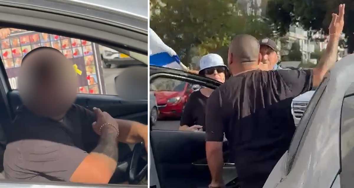 נהג רכב מאיים על מפגינים בכפר סבא. יוצא. מהרכב ומקלל זוג מבוגרים