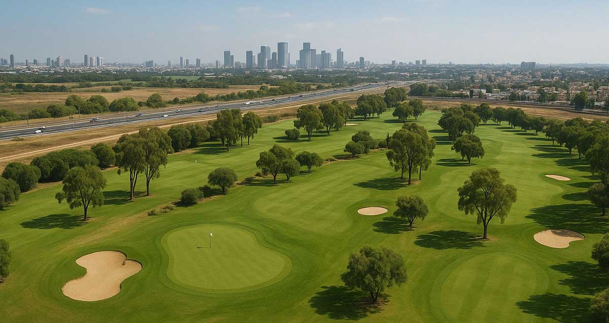 הדמיה של מגרש גולף ענק בין רמת השרון לתל אביב. הדמיית בינה מלאכותית