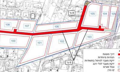 תוכנית דרך שביל השקד בכפר שמריהו. השביל מסומן באדום בין חלקות ממוספרות. מסומן שרוחבו 6 מטרים.