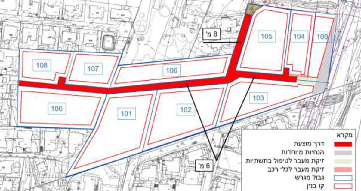 תוכנית דרך שביל השקד בכפר שמריהו. השביל מסומן באדום בין חלקות ממוספרות. מסומן שרוחבו 6 מטרים.