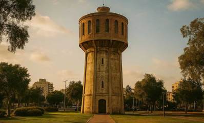 מגדל מים מוצב בלב פארק עירוני. איור בינה מלאכותית