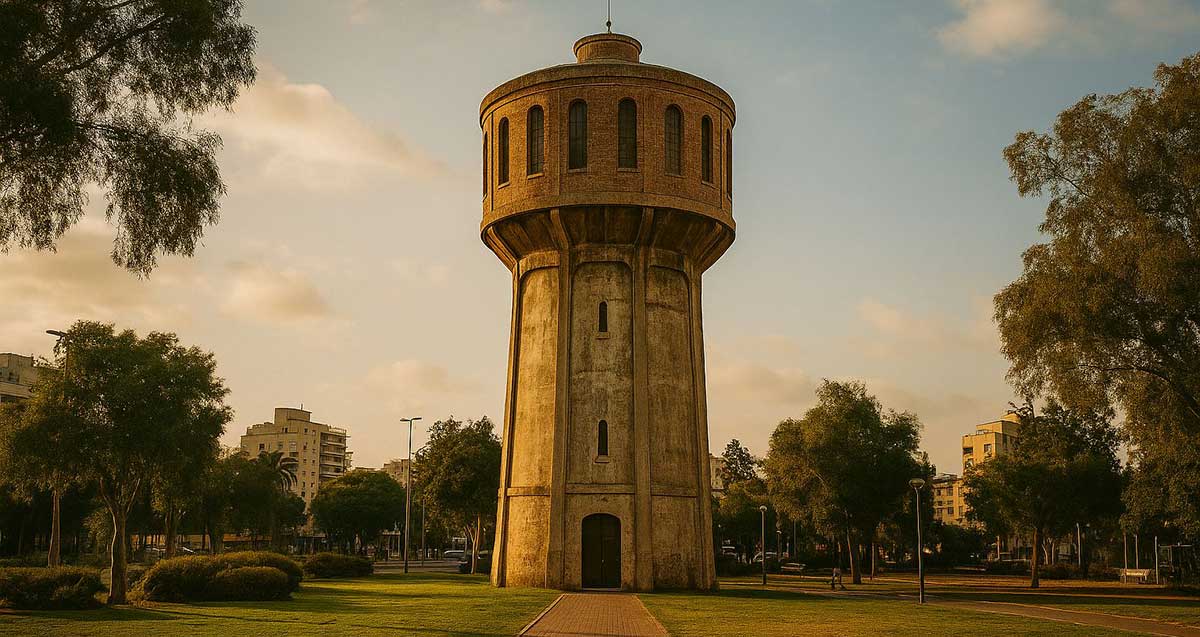מגדל מים מוצב בלב פארק עירוני. איור בינה מלאכותית