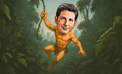 יריב פישר אינו טרזן על העצים. איור בינה מלאכותית. יריב באוויר ואוחז בענף של עץ.