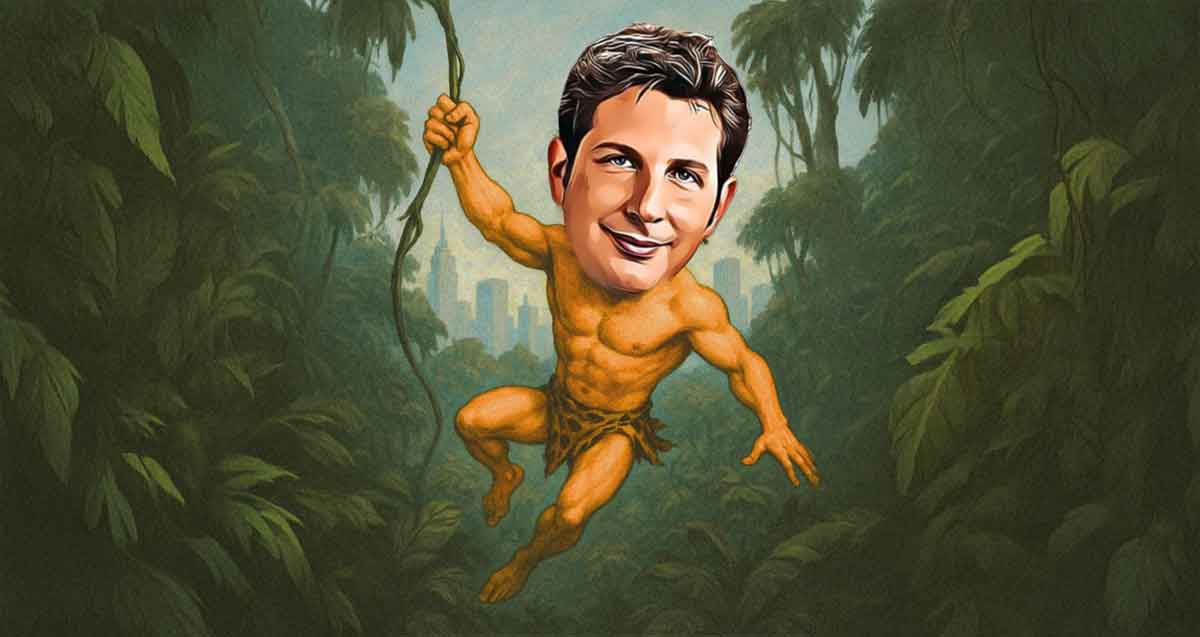 יריב פישר אינו טרזן על העצים. איור בינה מלאכותית. יריב באוויר ואוחז בענף של עץ.