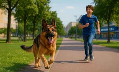 איור של כלב משוחרר בגינה ציבורית בעיר. כלב רץ ואחריו רץ נער.