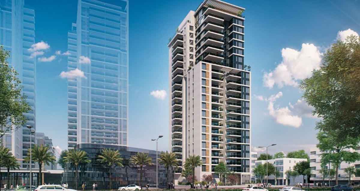הדמיה של פרויקט רחוב רמב"ם 3, 5, ו-7 במרכז הרצליה של חברת ברוש