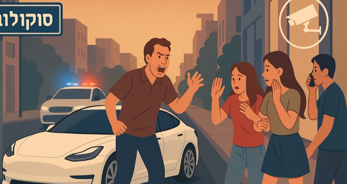 איור הדמיה של נהג הטסלה בהוד השרון. עיבוד AI - שרון אונליין