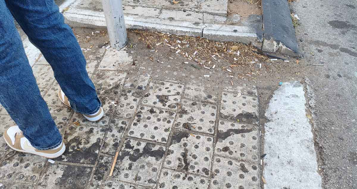 צומת ששל הימים טשרניחובסקי, זוהמה לא מתוחזקת על מעבר חצייה להולכי רגל.
