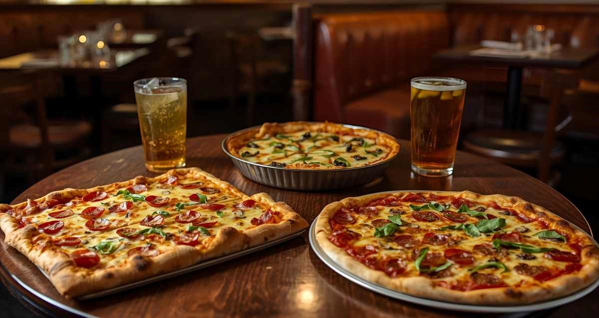 שולחן במסעדת דיינר עם 3 סוגי פיצות - ניו יורק, דטרויט ופאן, הדמיית בינה מלאכותית: השרון אונליין