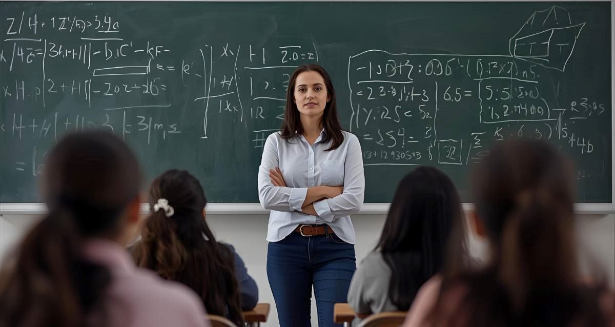 מורה עומדת בכיתה מאחוריה לוח עם תרגילי מתמטיקה, לפניה יושבים תלמידים. הדמיית בינה מלאכותית: השרון אונליין