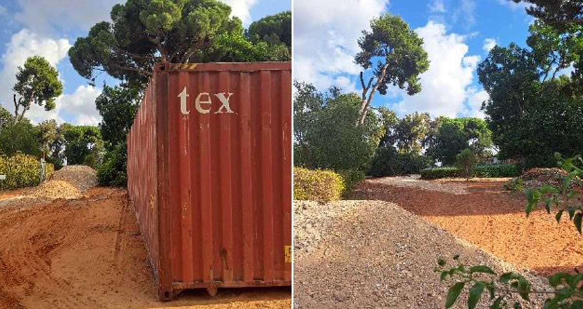 קולאז׳ של שתי תמונות. בשמאלית מכולה המוצבת גן מנשהנ בכפר סבא, בשנייה הגן עם העצים ושטח הבנייה עצמו