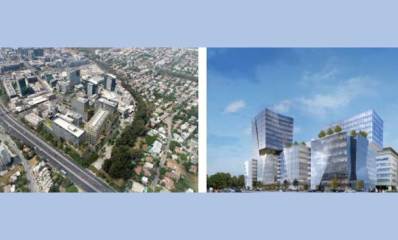 קולאז׳ של הדמיית בניינים באיזור התעסוקה המתוכנן בהרצליה באזור התעסוקה והדמיית צילום על של האיזור עם הבניינים